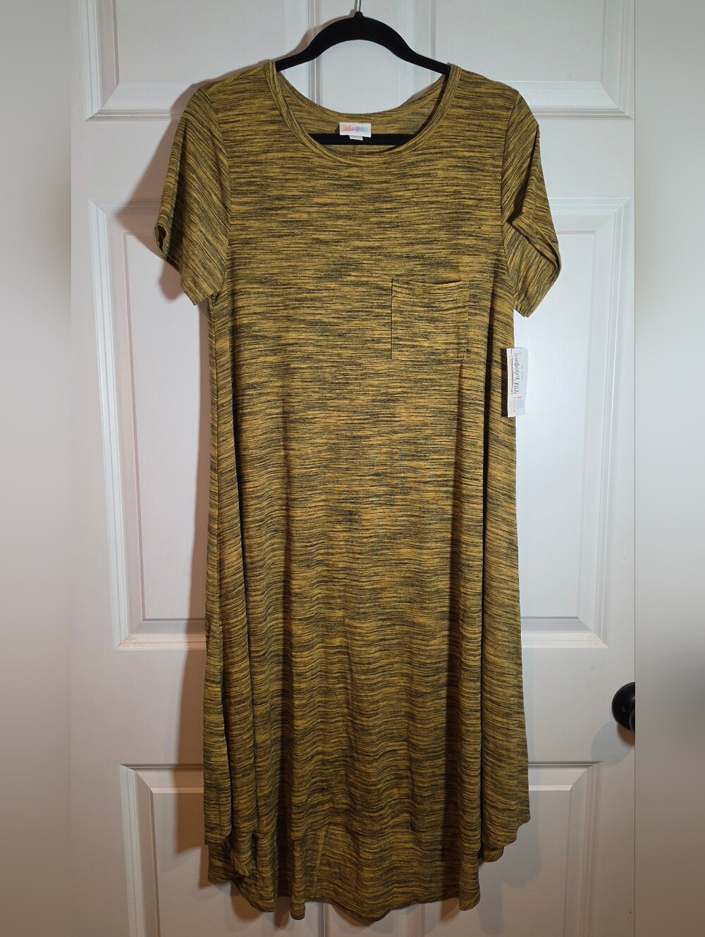 NWT Lularoe Carly Stretchy Mustard Black Stripes Short Sleeve Midi Dress M